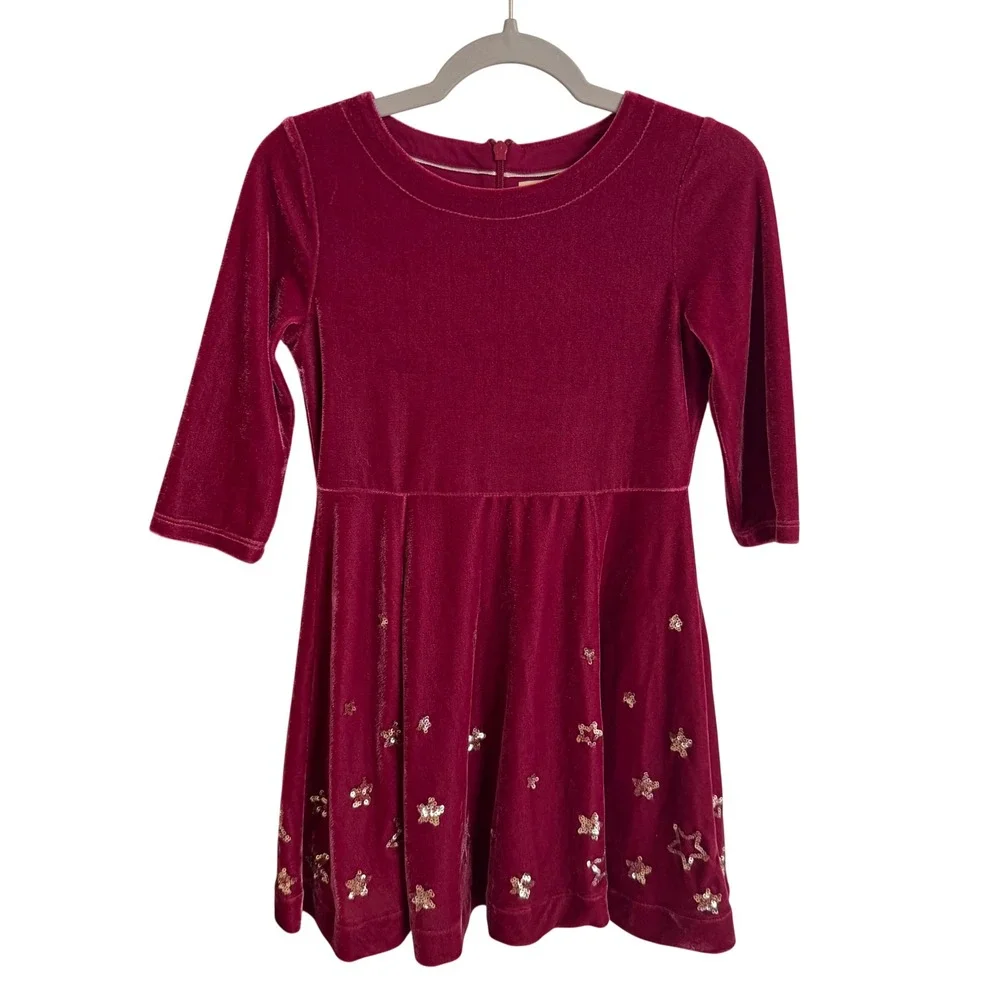 Boden Girls Berry Pink Velvet Sequin Star‎ Skater Dress Size 5-6Y Holiday Party